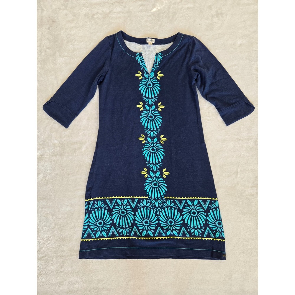 Hatley Navy Blue Floral Medallion Cotton Shift Dress 3/4 Sleeve Small Split Neck